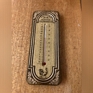 Vintage Farmers’ Almanac 9" Thermometer Brown/Gold Tin Chicken Rooster Avon.